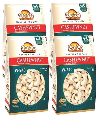 20-20 Dry Fruits Whole Cashew 1Kg (250g*4)| Large Size Cashew Nuts| Plain Kaju Dry fruits | Buttery, Rich Flavor & Crunchy Texture| W-240 (Pack of 4)