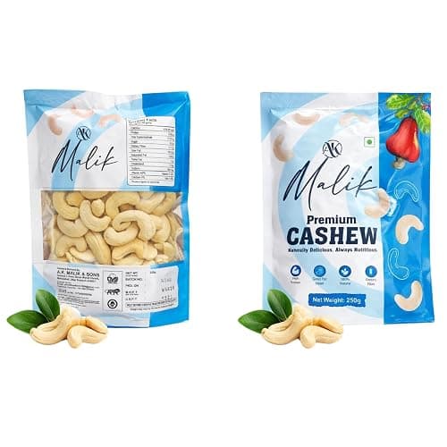 AK Malik Premium Kaju W180 Whole Cashew Nuts Pouch | Raw, Plain, and Natural Cashews | High Protein, Dietary Fibre & Heart Healthy Dry Fruits | Perfect for Snacking, Baking & Making Kaju Katli Sweet (1000g)