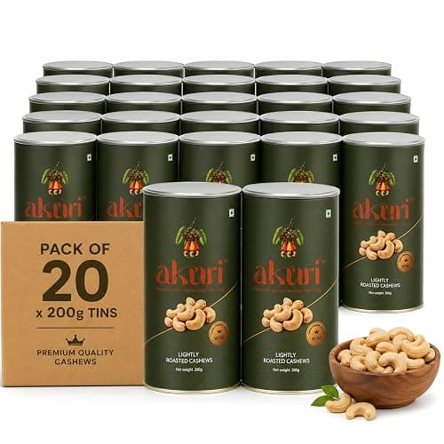 Akuri Premium W180 Cashew Nuts | Pack of 20 x 200g Premium Paper Tins | 4kg Total | Lightly Roasted | Konkan Coast | Corporate Gift Bulk