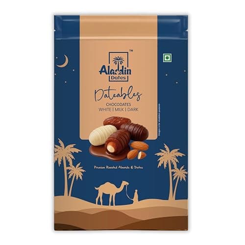 Aladdin Dates Dateables Assorted Chocodates 250g | Milk, Dark & White Chocolate Coated Dates | Filled with Crunchy Roasted Almonds | Dry Fruit Chocolate Pack