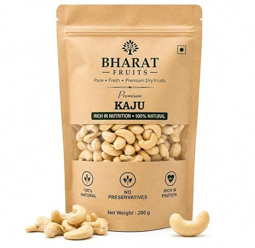 Bharat Fruits W320 Cashew Nuts 200g | Premium Whole Sabut Kaju | 100% Natural, Crunchy & Fresh | Vacuum Packed Premium Quality Cashews for Daily Energy & Cooking (Pack of 1)
