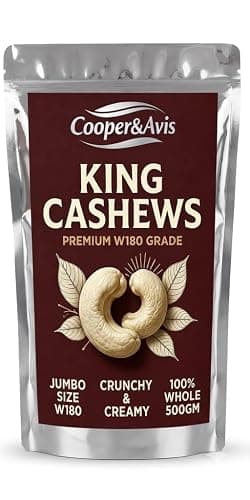 Cooper&Avis King Cashews – Premium W180 Grade Jumbo Whole Cashews (500g) – Extra Large, Crunchy & Creamy Kernels – 100% Natural, Sustainably Sourced Healthy Snack in Resealable Pouch