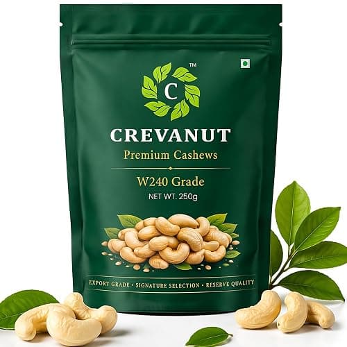 Crevanut Whole Cashews 250g | W240 Grade Premium Kaju | Jumbo Big Size Cashew Nuts | Dry Fruits Healthy Snack | Unsalted & Natural | Rich in Protein, Magnesium & Phosphorus | Crunchy & Delicious