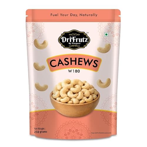 DRIFRUTZ Cashew W180 (250 g) | Whole Cashew Nuts for Snacking, Cooking & Topping Use | Suitable for Sweets, Baking, Curries & Meal Preparation | Ready-to-Eat | Resealable Packaging