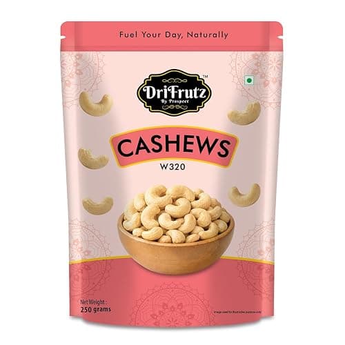 DriFrutz Cashews W320 250g | Whole Cashew Kernels | Plain & Natural | Suitable for Snacking, Cooking & Sweets | Resealable Pack | No Added Preservatives
