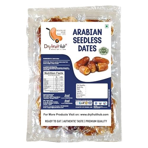 Dry Fruit Hub Seedless Dates 1Kg, Pin Khajur, Dates Dry Fruits, Hygenically Vaccum Packed Arabian Seedless Dates Pack Of 2 Each 500gram Zahidi Seedless Dates