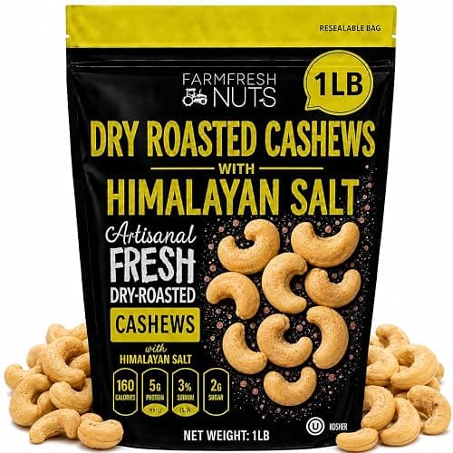 Farm Fresh Nuts Dry Roasted Cashews Himalayan Salted (1LB) - Whole, No Oil