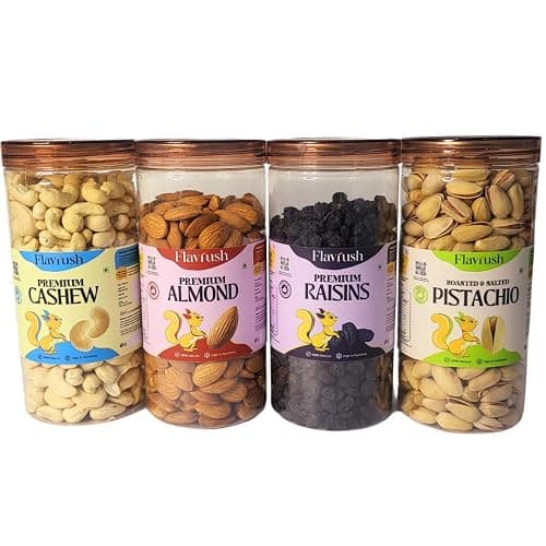 Flavrush Raw Cashew, Raw Almonds, Black Raisins and Pistachio Nuts Healthy Snacks Kaju, Badam, Pista and Kishmish Dry Fruit Jar Pack, 2KG, (Pack of 4, 500gm X 4)