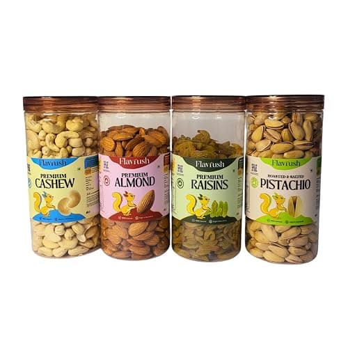 Flavrush Raw Cashew, Raw Almonds, Green Raisins and Pistachio Nuts Healthy Snacks Kaju, Badam, Pista and Kishmish Dry Fruit Jar Pack, 2KG, (Pack of 4, 500gm X 4)