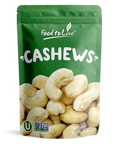 Food to Live Raw Cashews, 4 Pounds - Deluxe Whole Nuts, Unsalted, Unroasted, Size W-320, Vegan, Kosher, Bulk