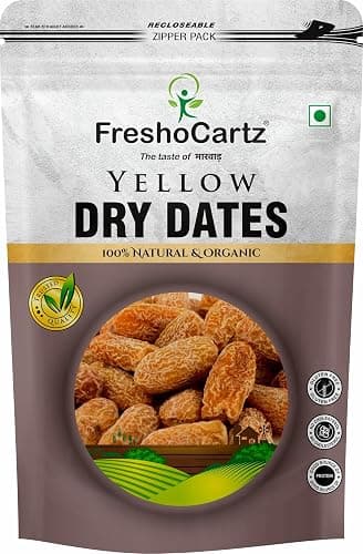 FreshoCartz Yellow Dry Dates 1kg Pouch| Peela Sukha Khajoor | Premium Dry Chhuhara | Used in Mithai, Prasad, and Homemade Sweets | Indian Dry Fruit