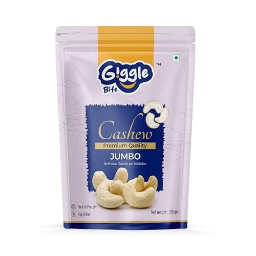 Giggle Bite Premium Jumbo Cashew Nuts - Pack of 250g | Whole & Crunchy Kaju (Dry Fruits) Rich in Protein, Magnesium & Healthy Fats | Gluten-Free Snack for Kids & Adults | Perfect Gifting (W240)