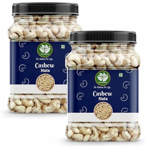 Go Vegan Whole Cashew Nuts W320, 1 Kg | 100% Natural Premium Kaju | Nutritious, Delicious & Crunchy Kaju | Rich in Magnesium, Copper & Phosphorus (500gm Each X 2 jar)