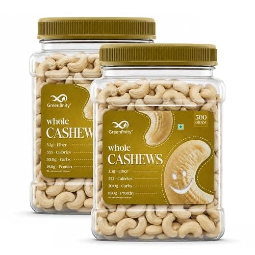 GreenFinity Premium Cashew Nuts 500g [500g x 2] – Grade - W320, Crunchy & Unsalted Whole Cashews | Rich in Protein & Fiber | Freshly Packed in Airtight Jar | Healthy Vegan Snack.