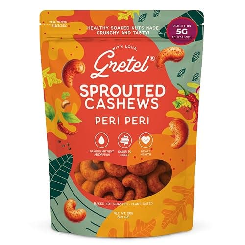 Gretel Peri Peri Sprouted Cashews 150 gm | Sprouted & Activated | Soaked, Dried & Baked not Roasted | Crunchy Kaju | Rich in Protein | Zero Cholesterol Dry Fruits | Vegetarian Healthy Snacks | Brand of Singapore |