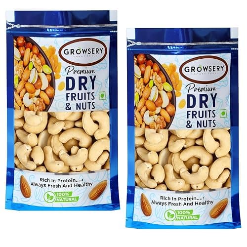 Growsery 100% Natural Premium W240 Jumbo Size Whole Cashews 500g (250g x 2) Value Pack | Whole Crunchy Cashew | Premium Kaju Nuts | Nutritious & Delicious | Gluten Free & Plant Based Protein