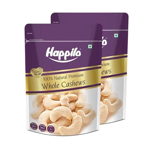 Happilo 100% Natural & Crunchy Premium Whole Cashews 1kg, Nutritious & Delicious Nuts, Signature Plain, High Fiber, Rich In Protein Dry Fruit (Pack of 2)