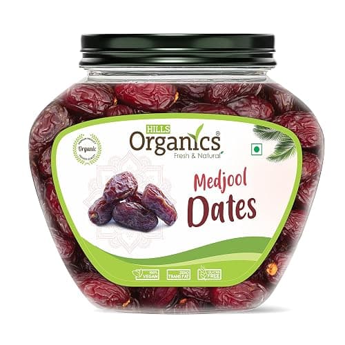 HILLS ORGANICS 100% Fresh & Natural Jumbo Medjoul King Size (Medjool) Dates | Rich Source of Potassium & Iron | No Added Sugar or Preservatives | Low GI Energy Snack | Khajoor | Khajur | 500 gm (Jar Pack of 1)