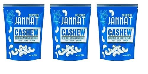 JANNATCASHEW Premium Cashew Nuts W180 Grade 250g | Whole Unsalted Cashew Kernels | Crunchy Dry Fruit Snack | Airtight Jar Packaging | Suitable for Snacking, Cooking and Baking Pack of 4