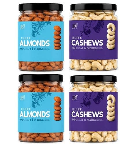 JB&CO Premium Dry Fruits Combo | Elite Almonds & Cashews | Fresh Crunchy Badam Kaju | Healthy Daily Snack | Rich in Protein & Energy 1kg, Jars of 250g x 4.