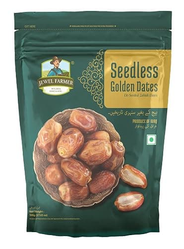 JEWEL FARMER Seedless Golden Dates with Dietary Fiber & Protein, Pack of Cholesterol Free Nutritious & Fresh Dried Khajoor (500g)