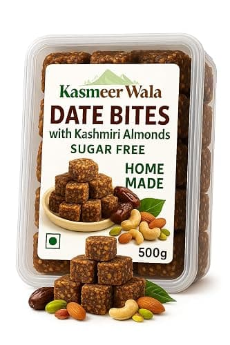 Kasmeer Wala Date Bites | Dates Burfee with Kashmiri Almonds | No Added Sugar | Healthy Energy Snack | Natural Sweet Made with Saudi Dates & Nuts | Vegan, Gluten-Free, | 500g Pack