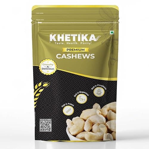 Khetika Premium Whole Cashew 200g | W320 Grade | Dry Fruits, Kaju, Cashews, Healthy Snacks, Crunchy Kaju, Rich in Protein, & Nutritious, Preservative Free, Zero Trans Fat