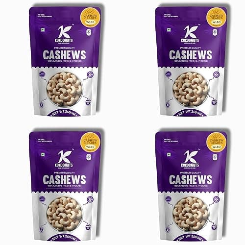 Kokoonuts W180 Grade Whole Cashews 1kg, 100% Natural Fresh and Hygienic, 250g, Pack of 4 (Kaju 1kg)