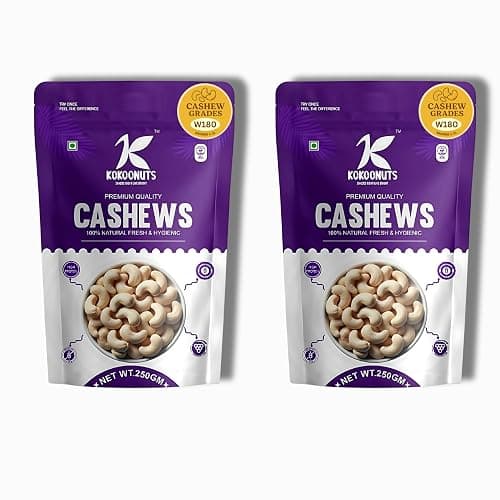 Kokoonuts W180 Grade Whole Cashews Nuts, Natural Fresh and Hygienic, 100% Natural, 250g, Pack of 2 (500g)