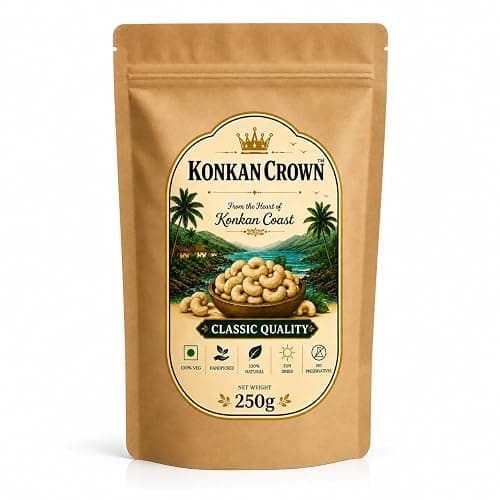 KonkanCrown Vengurla Cashew Nuts (Kaju) W240 Grade | Whole Cashew Kernels | Fresh & Crunchy | Naturally Delicious | Classic Quality | 250G