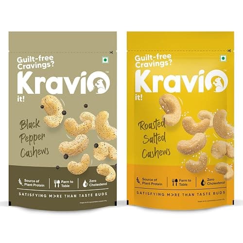 Kravio Black Pepper & Roasted Salted Cashews | Healthy Snack - 2 x 200g