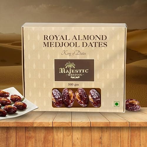 Majestic Medjool Almond Filled Dates 500g – Premium Handpicked Soft Medjool Dates Stuffed with Roasted Almonds | Healthy & Gourmet Dry Fruit Snack | Naturally Sweet, High-Fiber & Nutrient-Rich Superfood | No Added Sugar, No Preservatives | Perfect for Snacking, Gifting & Festive Celebrations