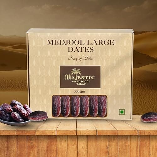 Majestic Medjool Large Date 500g | Premium Handpicked Large-Sized Medjool Dates from Jordan | Naturally Sweet, Soft, Juicy & Chewy Texture | High-Fiber, Nutrient-Rich, Energy-Packed Superfood | 100% Natural, No Added Sugar, No Preservatives, Gluten-Free & Vegan | Healthy Gourmet Dry Fruit Snack for Daily Energy, Fitness & Weight Management | Ideal for Smoothies, Shakes, Salads, Baking, Desserts & Cooking Recipes | Perfect Festive, Wedding & Corporate Gifting Premium Dates Box