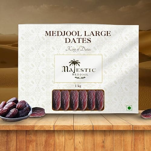 Majestic Medjool Jumbo Dates 1kg | Premium Handpicked & Extra Large | 100% Natural, Soft, Juicy & Naturally Sweet | High-Fiber, Nutrient-Rich Superfood Snack | Rich in Vitamins, Minerals & Antioxidants | Healthy Energy Booster for Kids & Adults | Ideal for Gifting, Smoothies, Baking & Everyday Snacking | No Added Sugar, Preservatives or Gluten