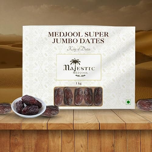 Majestic Super Jumbo Medjool Dates – 1kg | Premium Handpicked Dates | Naturally Sweet, Soft & Chewy Texture | High-Fiber, Nutrient-Rich Superfood | Healthy Natural Energy Snack | Gourmet-Grade Quality for Snacking, Cooking & Gifting | Rich in Taste, Packed with Potassium & Antioxidants.