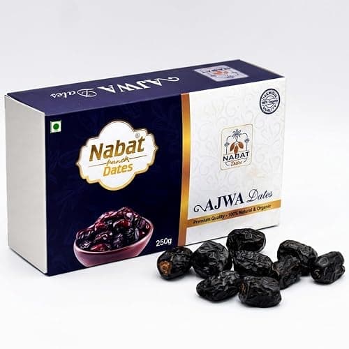 Nabat Premium Saudi Imported Dates | Ajwa, Medjool, Kalmi, Mabroom, Amber, Rabia, Sugai, Mashrook, Bait & Sukhal Khajoor | Natural Soft Fresh Khajur Dry Fruits | Healthy Energy Snack | 250g, 500g, 1kg (250 Gram, Ajwa)