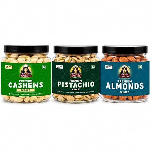 Nairuti Vyutpadan Premium Dry Fruits Combo Pack | Cashew W240, Salted Pistachios & California Almonds | 250g Each Jar (750g Total) | Healthy Nut Mix | Protein Rich Snack | Premium Gift Pack | No Added Preservatives