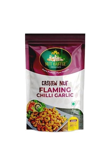 Nut Castle Flaming Chilli Garlic Flavoured Cashew Nuts | Spicy Roasted Cashews | W240 Grade, 200 Grams