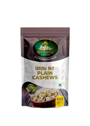 Nut Castle W240 Premium Plain Cashew Nuts – 80g | Whole Cashews | Rich in Protein, Zero Cholesterol | Fresh & Crunchy | Healthy Snack | Export Quality Kaju