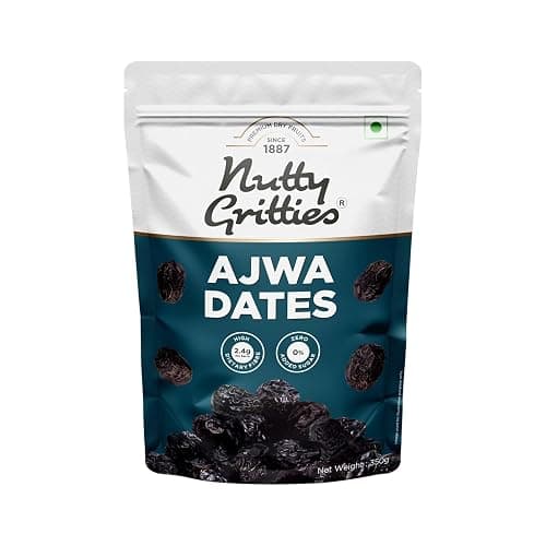 Nutty Gritties Premium Ajwa Dates 350g, Khajur | Khajoor | Juicy & Delicious Khajoor, Khajur | No Artificial Colours | Naturally Sweet | Instant Energy | Resealable Pouch,