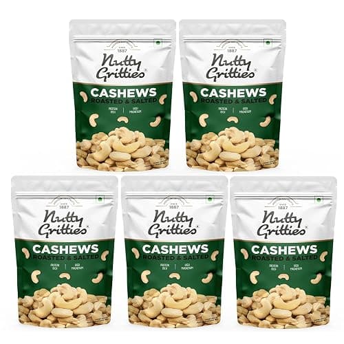 Nutty Gritties Premium Jumbo Size Cashews 1Kg, Roasted and Lightly Salted | W240 | Non Fried Zero Oil | Crunchy Healthy Snack | ⁠Zero Breakage | Resealable Pouch | Each Pouch 200g | Pack of 5