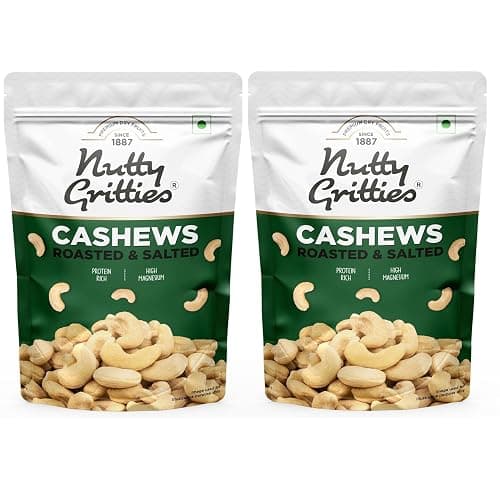 Nutty Gritties Premium Jumbo Size Cashews 400g, Roasted and Lightly Salted | W240 | Non-Fried Zero Oil | Crunchy Healthy Snack | ⁠Zero Breakage | Resealable Pouch | Each Pouch 200g | Pack of 2
