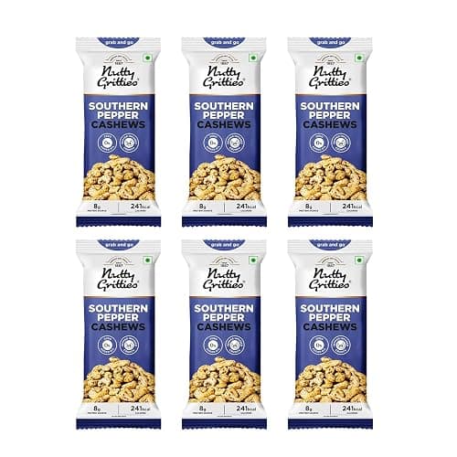 Nutty Gritties Premium Jumbo Size Southern Pepper Cashew Nuts 240g, Natural Flavoured Whole Cashew | W240 | Zero Breakage | Resealable Pouch | Each Pouch 40g | Pack of 6
