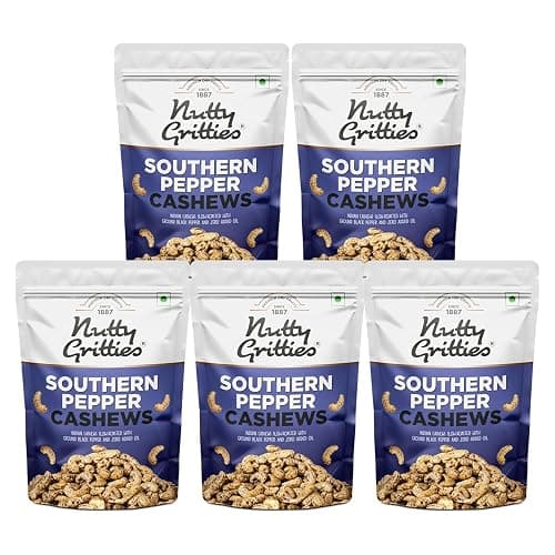 Nutty Gritties Southern Pepper Cashew Nuts, 1kg (Pack of 5, 200g each) | Resealable Pouch| Natural Flavoured Whole Cashew