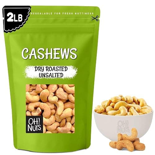 Oh! Nuts Cashews Roasted Unsalted - 2 lb - Dry Roasted Unsalted Cashews - Packed in New York Zip-Seal Bag for Exceptional Freshness