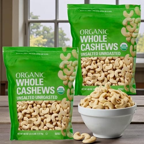 Organic Whole Cashews – Unsalted & Unroasted Cashew Nuts – USDA Organic, Kosher – 2 Pack (2.5 lb Each, 5 lb Total) Resealable Pouches
