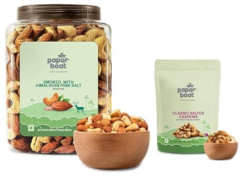 Paper Boat Premium Smoked and Roasted Nuts with Himalayan Pink Salt, Almonds & Cashews Mix, Reusable Dry Fruit Jar 1kg & Paper Boat Classic Salted Cashews 200g | Freshly Roasted