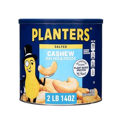 PLANTERS Cashew Halves & Pieces, 46 oz Resealable Canister - Roasted in Peanut Oil - Convenient Size Snack - Kosher Snack