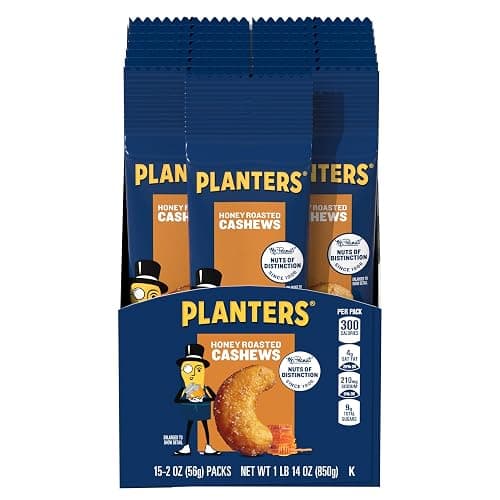 PLANTERS Deluxe Honey Roasted Cashews, Plant Based Protein, 2 Oz (15 Ct)
