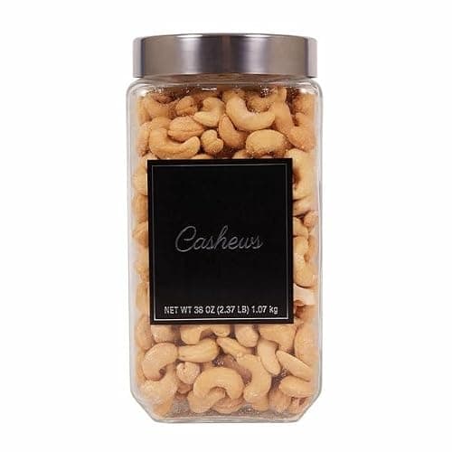 Premier Cashews , Uses W180 cashew, which is known internationally as the King of Cashew, bigger, tastier and more nutritious than any other type. Regular daily intake of cashew nuts can have a variety of health benefits, which support to prevent cardiovascular diseases, reduce the risk of diabetes, enhance bone and dental health. These premium quality nuts are packaged in glass jars with stainless steel lid and air-tight seal to maintain the proper moisture level, persevere the freshness and sweetness taste for a long time. [ 38 oz , 2.3 lb ]